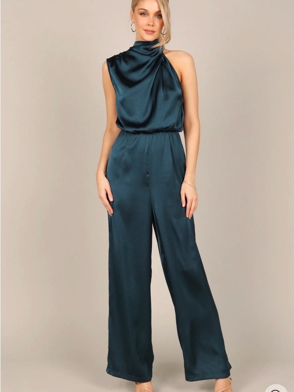 Petal & Pup Teal Satin High-Neck Wide-Leg Jumpsuit